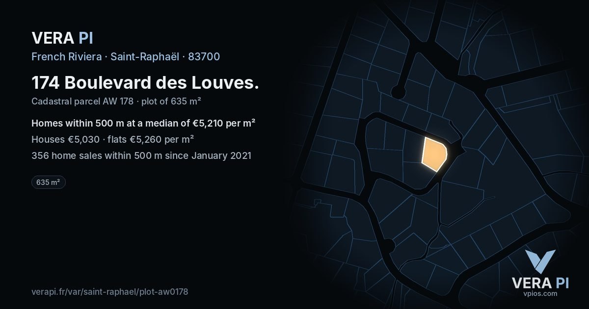 174 Boulevard des Louves, Saint-Raphaël at night – the plot lit, the parcels around coloured by the prices near them