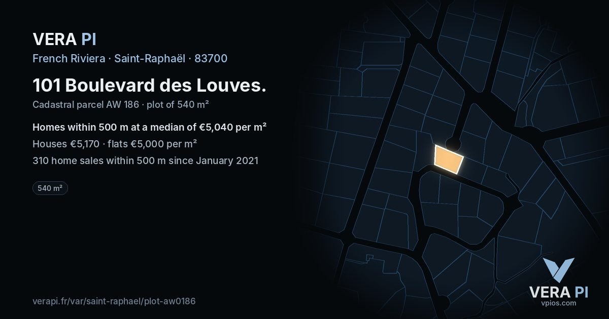 101 Boulevard des Louves, Saint-Raphaël at night – the plot lit, the parcels around coloured by the prices near them