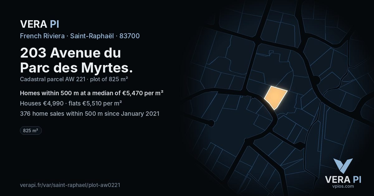 203 Avenue du Parc des Myrtes, Saint-Raphaël at night – the plot lit, the parcels around coloured by the prices near them