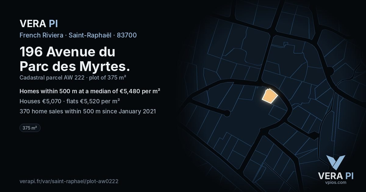 196 Avenue du Parc des Myrtes, Saint-Raphaël at night – the plot lit, the parcels around coloured by the prices near them