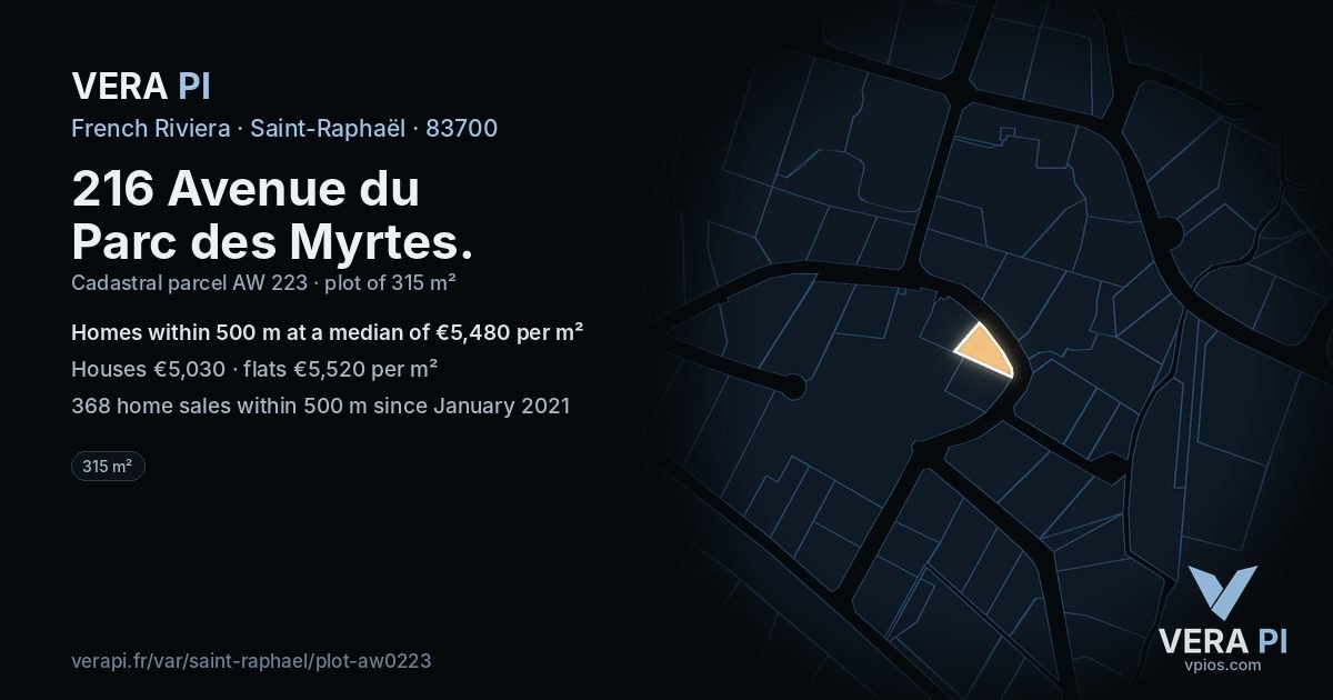 216 Avenue du Parc des Myrtes, Saint-Raphaël at night – the plot lit, the parcels around coloured by the prices near them