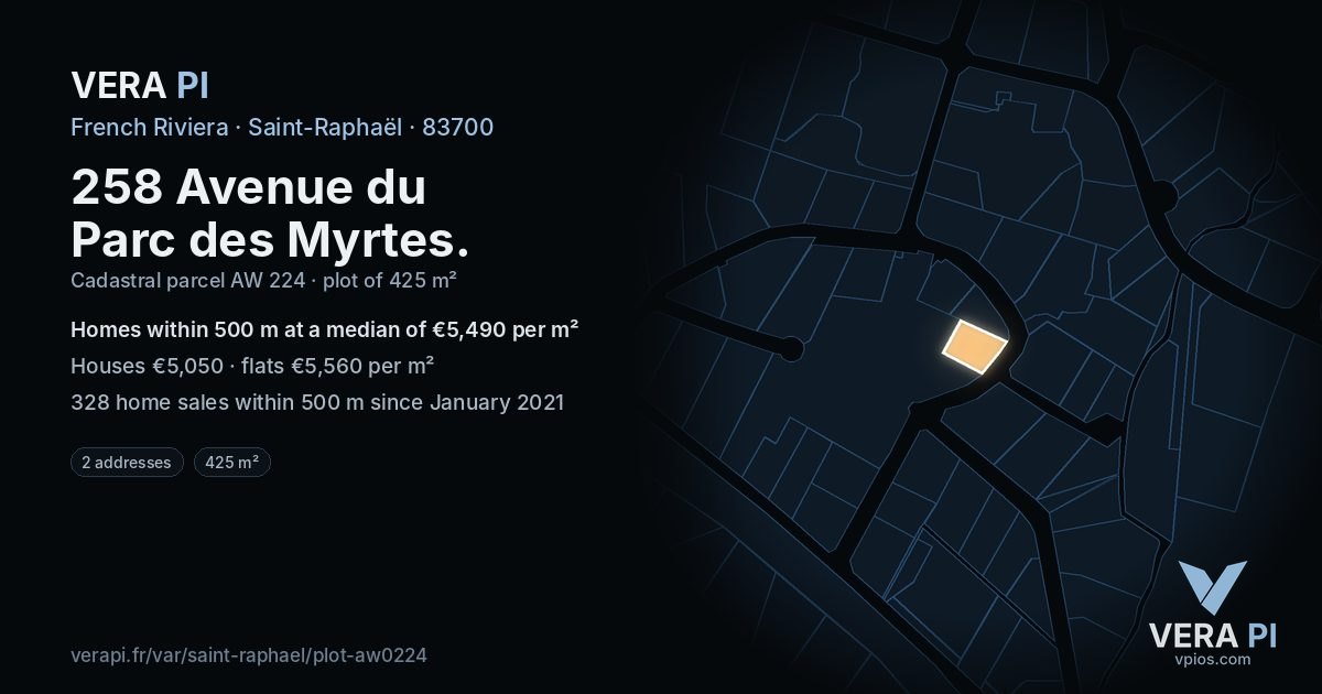 258 Avenue du Parc des Myrtes, Saint-Raphaël at night – the plot lit, the parcels around coloured by the prices near them