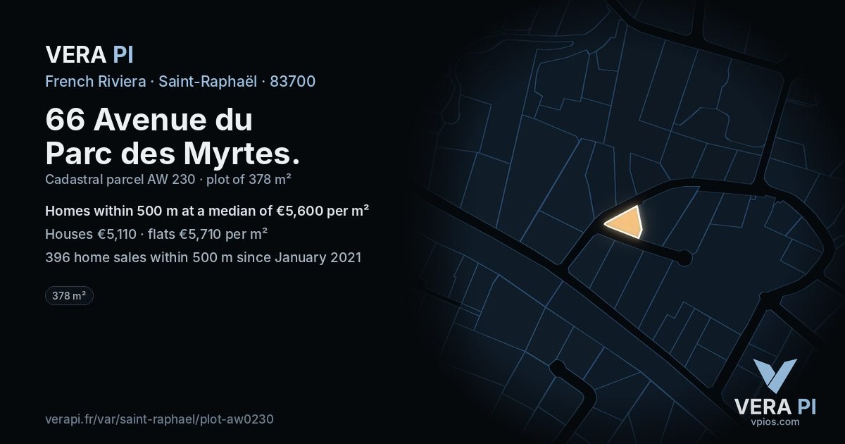66 Avenue du Parc des Myrtes, Saint-Raphaël at night – the plot lit, the parcels around coloured by the prices near them