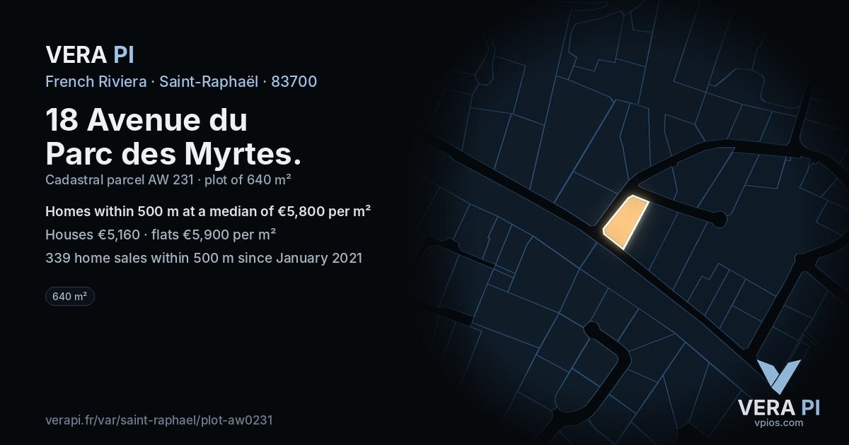 18 Avenue du Parc des Myrtes, Saint-Raphaël at night – the plot lit, the parcels around coloured by the prices near them