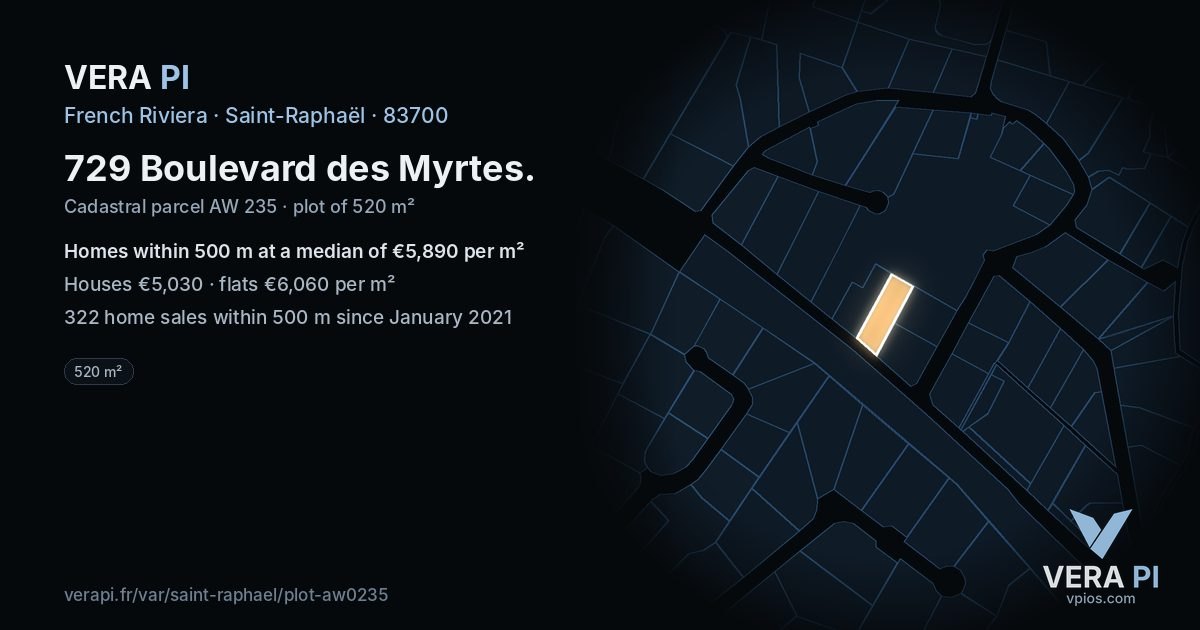 729 Boulevard des Myrtes, Saint-Raphaël at night – the plot lit, the parcels around coloured by the prices near them