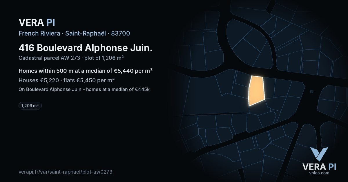 416 Boulevard Alphonse Juin, Saint-Raphaël at night – the plot lit, the parcels around coloured by the prices near them