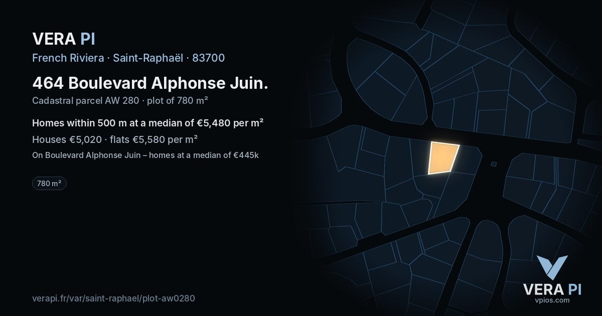 464 Boulevard Alphonse Juin, Saint-Raphaël at night – the plot lit, the parcels around coloured by the prices near them