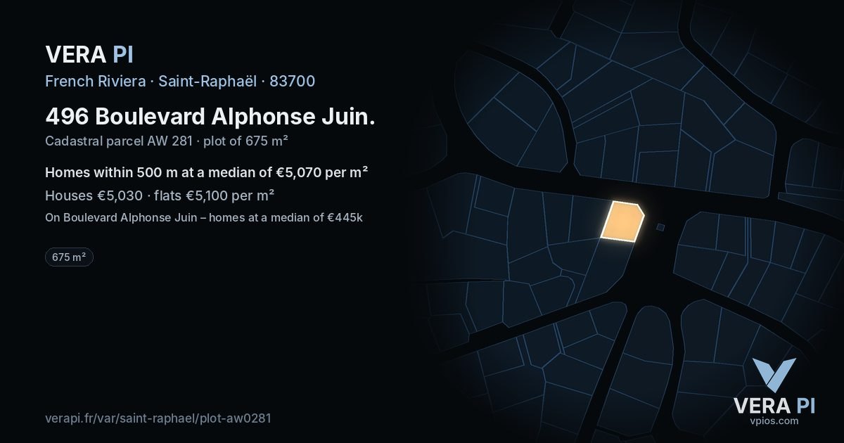 496 Boulevard Alphonse Juin, Saint-Raphaël at night – the plot lit, the parcels around coloured by the prices near them