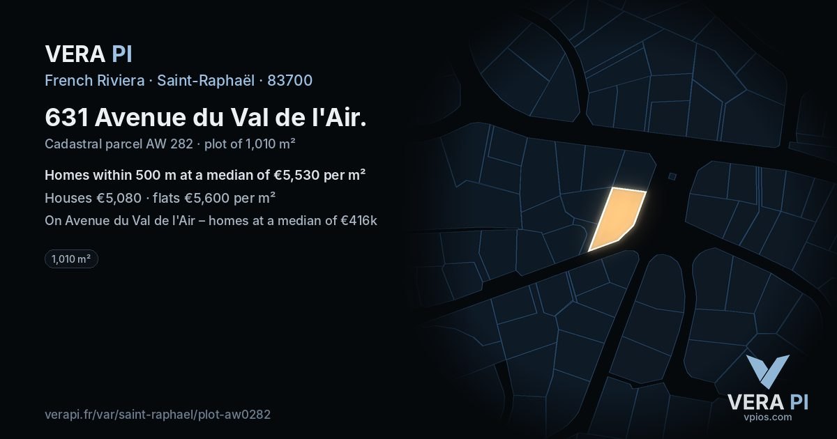 631 Avenue du Val de l'Air, Saint-Raphaël at night – the plot lit, the parcels around coloured by the prices near them