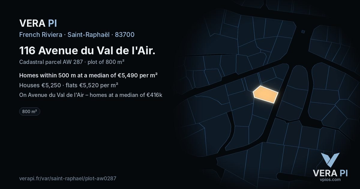 116 Avenue du Val de l'Air, Saint-Raphaël at night – the plot lit, the parcels around coloured by the prices near them