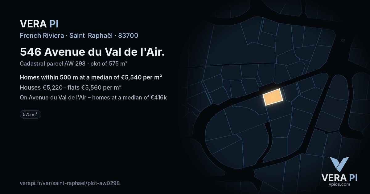 546 Avenue du Val de l'Air, Saint-Raphaël at night – the plot lit, the parcels around coloured by the prices near them