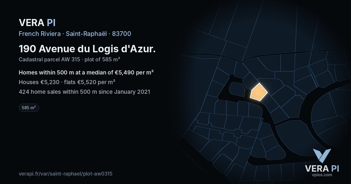 190 Avenue du Logis d'Azur, Saint-Raphaël at night – the plot lit, the parcels around coloured by the prices near them