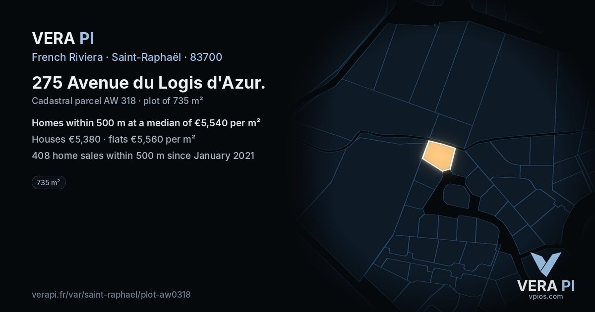 275 Avenue du Logis d'Azur, Saint-Raphaël at night – the plot lit, the parcels around coloured by the prices near them