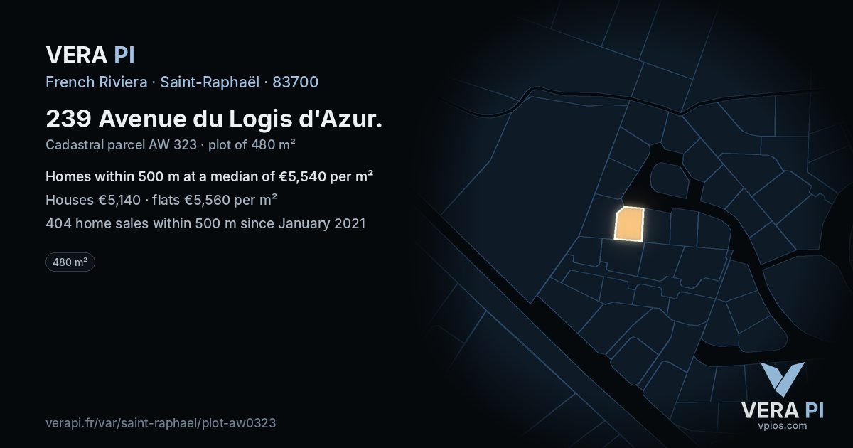 239 Avenue du Logis d'Azur, Saint-Raphaël at night – the plot lit, the parcels around coloured by the prices near them