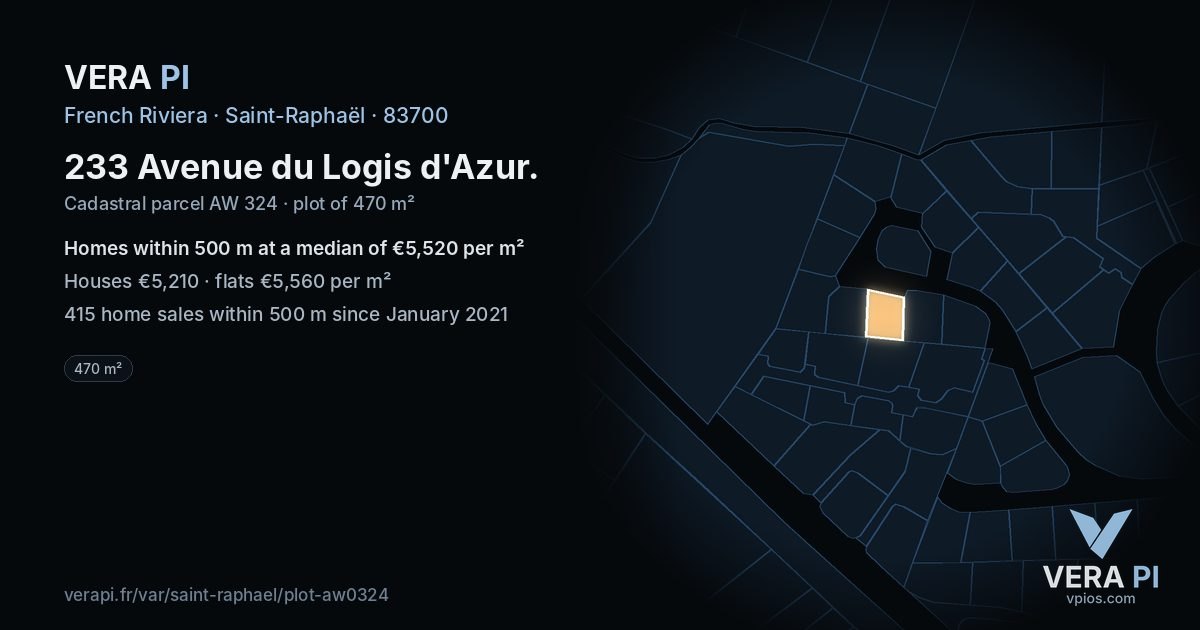 233 Avenue du Logis d'Azur, Saint-Raphaël at night – the plot lit, the parcels around coloured by the prices near them