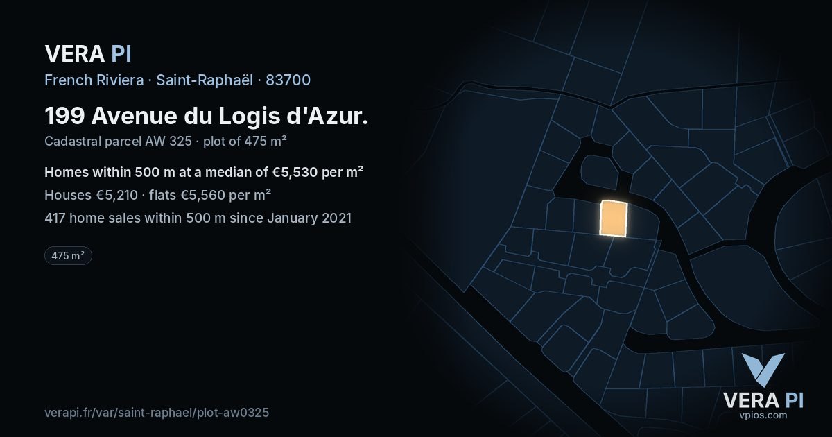 199 Avenue du Logis d'Azur, Saint-Raphaël at night – the plot lit, the parcels around coloured by the prices near them