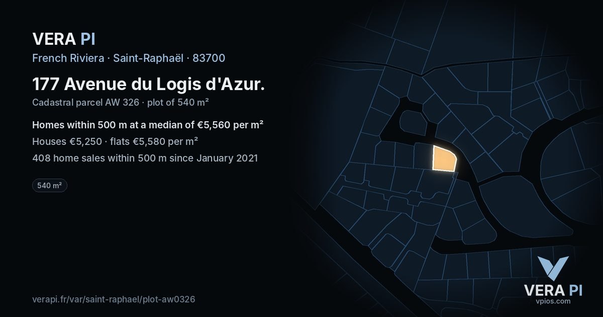 177 Avenue du Logis d'Azur, Saint-Raphaël at night – the plot lit, the parcels around coloured by the prices near them