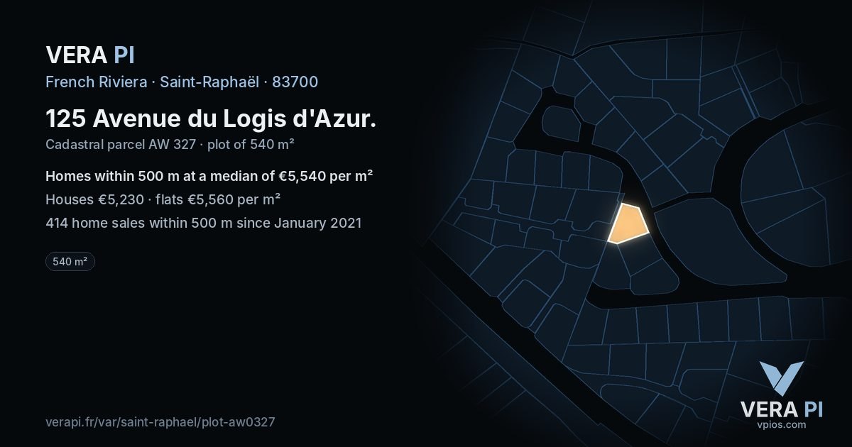 125 Avenue du Logis d'Azur, Saint-Raphaël at night – the plot lit, the parcels around coloured by the prices near them