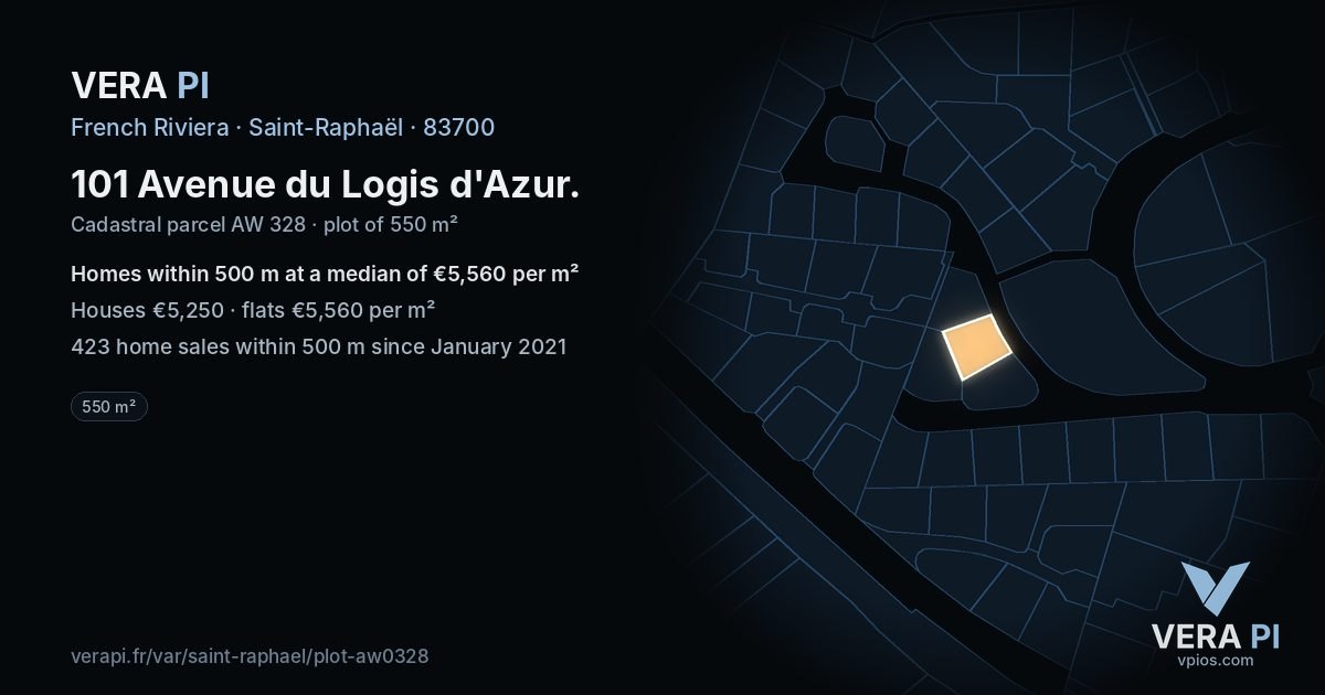 101 Avenue du Logis d'Azur, Saint-Raphaël at night – the plot lit, the parcels around coloured by the prices near them