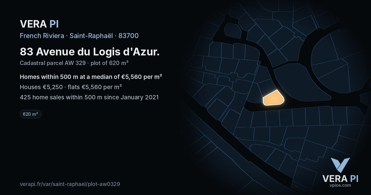 83 Avenue du Logis d'Azur, Saint-Raphaël at night – the plot lit, the parcels around coloured by the prices near them