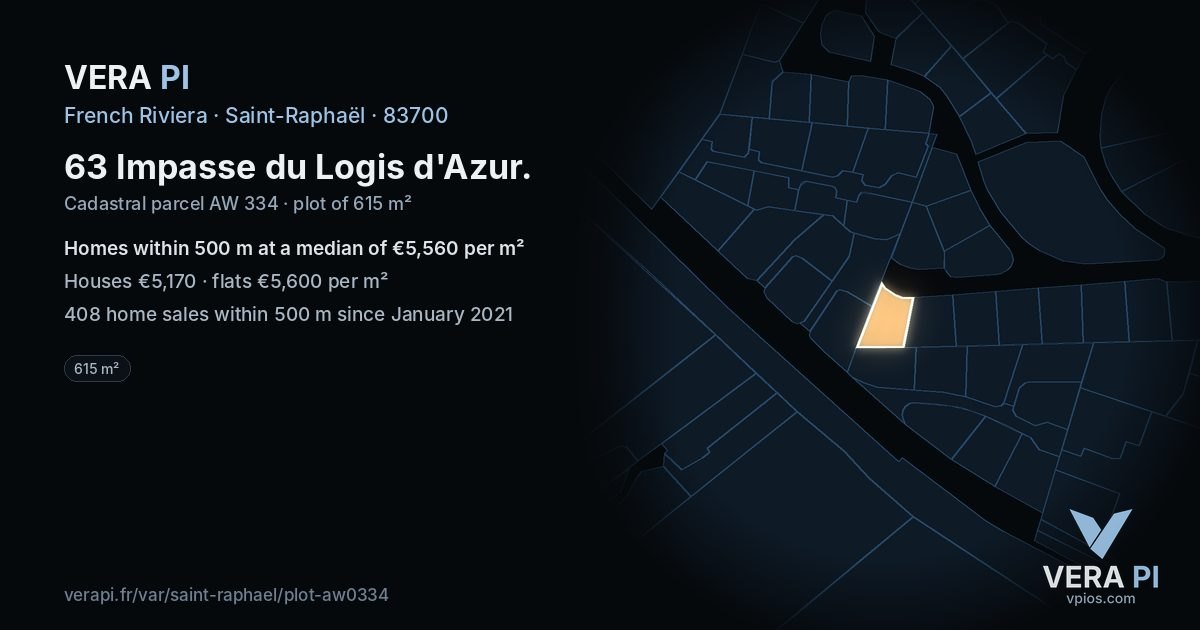 63 Impasse du Logis d'Azur, Saint-Raphaël at night – the plot lit, the parcels around coloured by the prices near them
