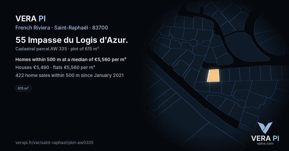 55 Impasse du Logis d'Azur, Saint-Raphaël at night – the plot lit, the parcels around coloured by the prices near them