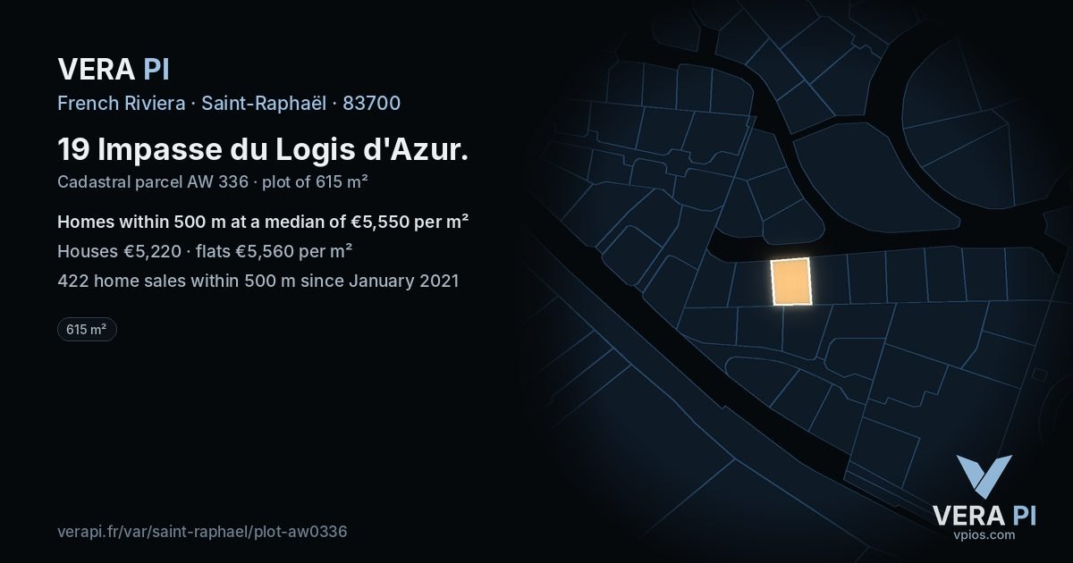 19 Impasse du Logis d'Azur, Saint-Raphaël at night – the plot lit, the parcels around coloured by the prices near them
