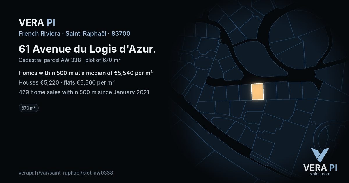 61 Avenue du Logis d'Azur, Saint-Raphaël at night – the plot lit, the parcels around coloured by the prices near them