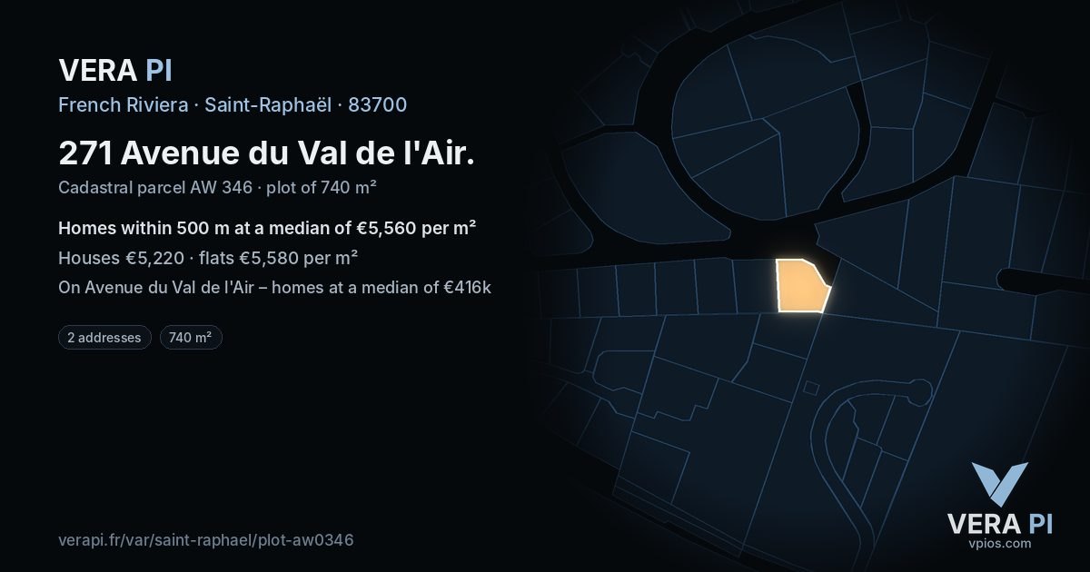 271 Avenue du Val de l'Air, Saint-Raphaël at night – the plot lit, the parcels around coloured by the prices near them