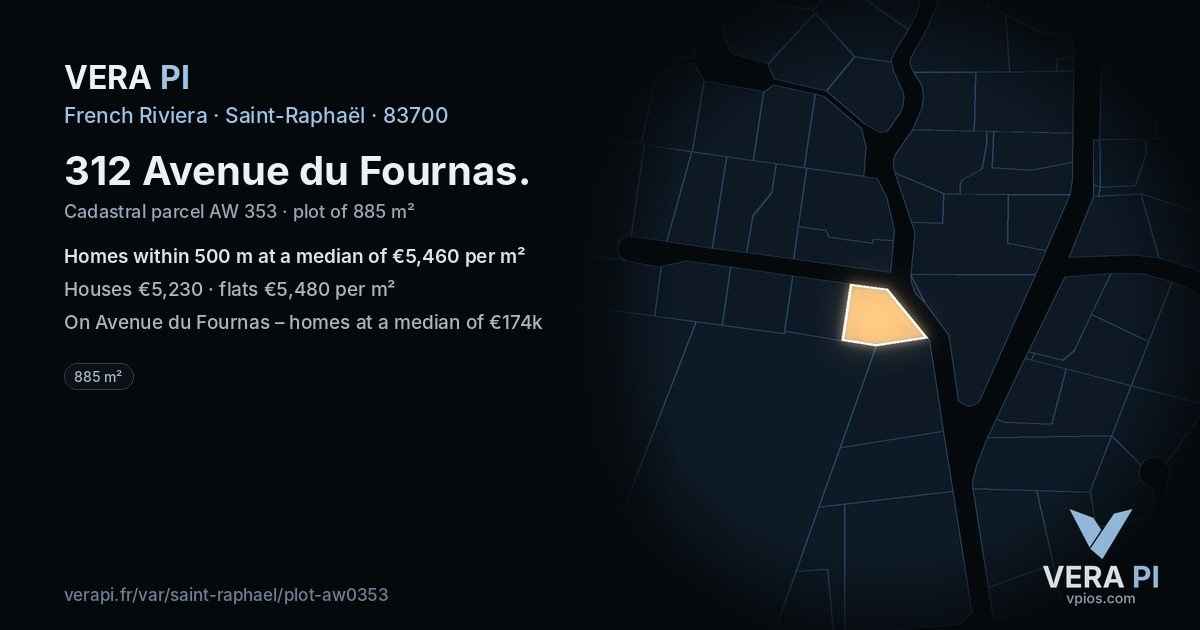 312 Avenue du Fournas, Saint-Raphaël at night – the plot lit, the parcels around coloured by the prices near them