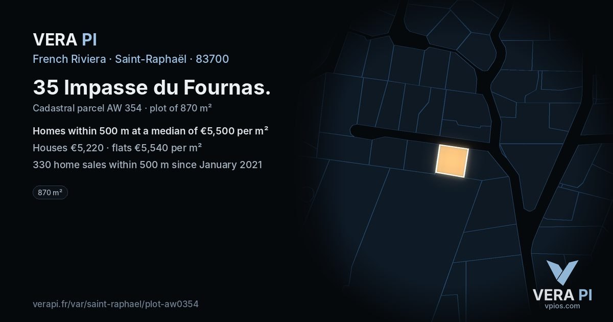 35 Impasse du Fournas, Saint-Raphaël at night – the plot lit, the parcels around coloured by the prices near them