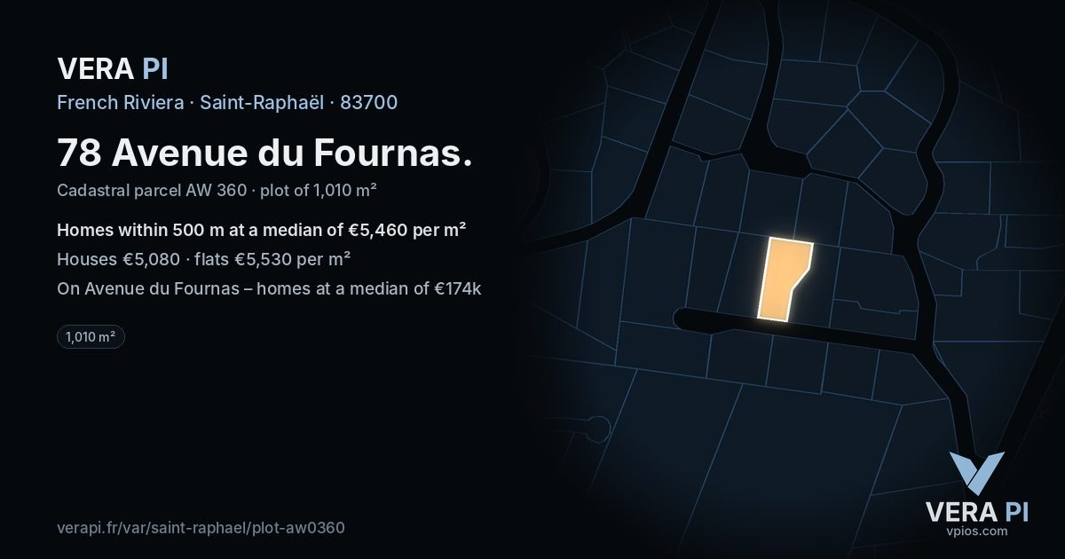 78 Avenue du Fournas, Saint-Raphaël at night – the plot lit, the parcels around coloured by the prices near them