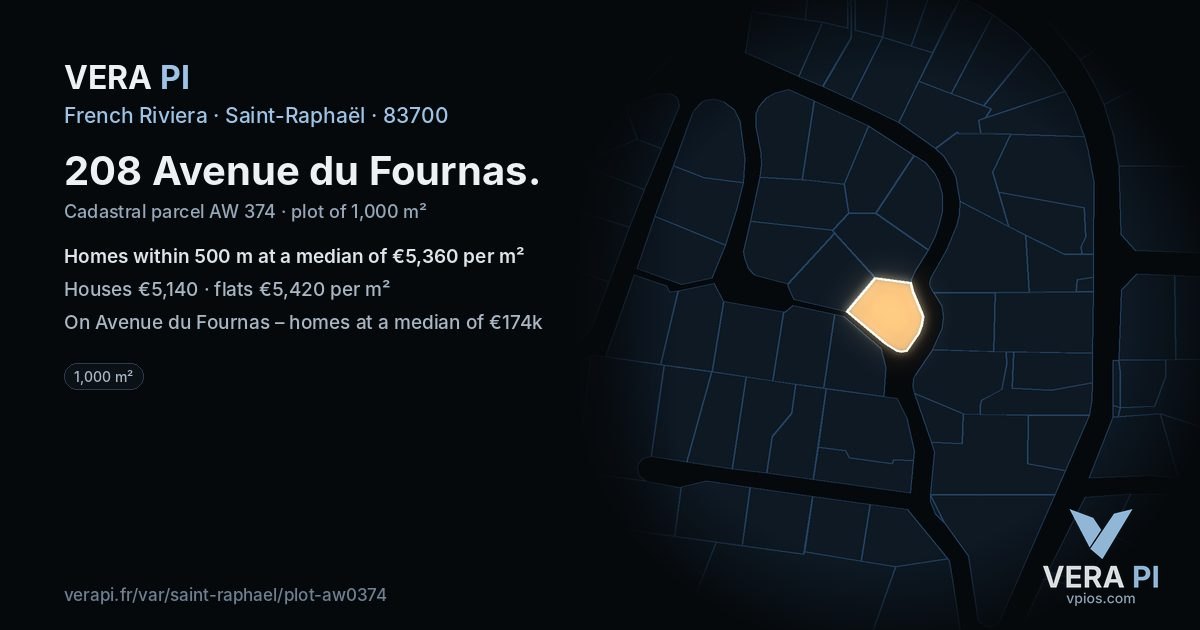 208 Avenue du Fournas, Saint-Raphaël at night – the plot lit, the parcels around coloured by the prices near them