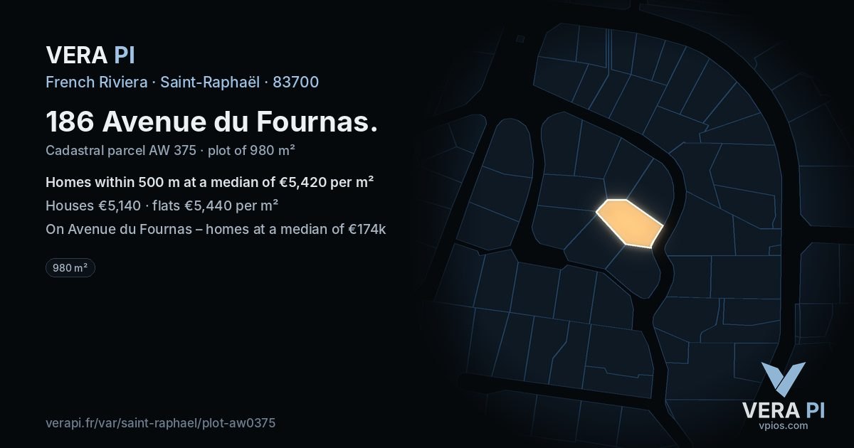 186 Avenue du Fournas, Saint-Raphaël at night – the plot lit, the parcels around coloured by the prices near them