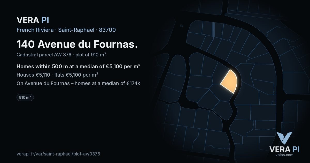 140 Avenue du Fournas, Saint-Raphaël at night – the plot lit, the parcels around coloured by the prices near them