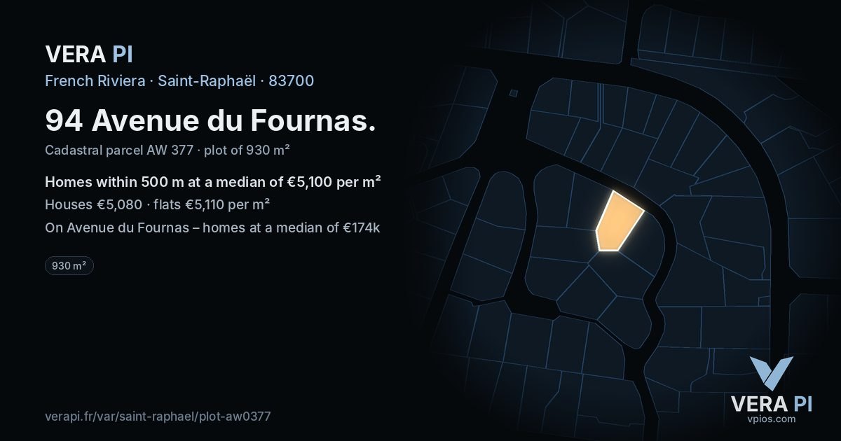 94 Avenue du Fournas, Saint-Raphaël at night – the plot lit, the parcels around coloured by the prices near them