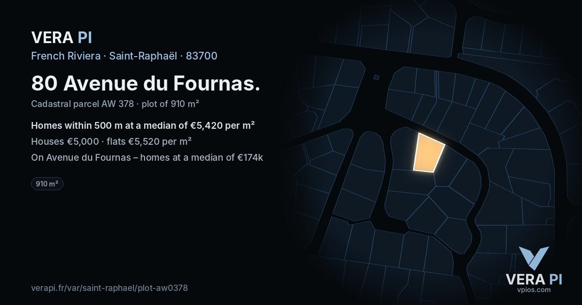 80 Avenue du Fournas, Saint-Raphaël at night – the plot lit, the parcels around coloured by the prices near them