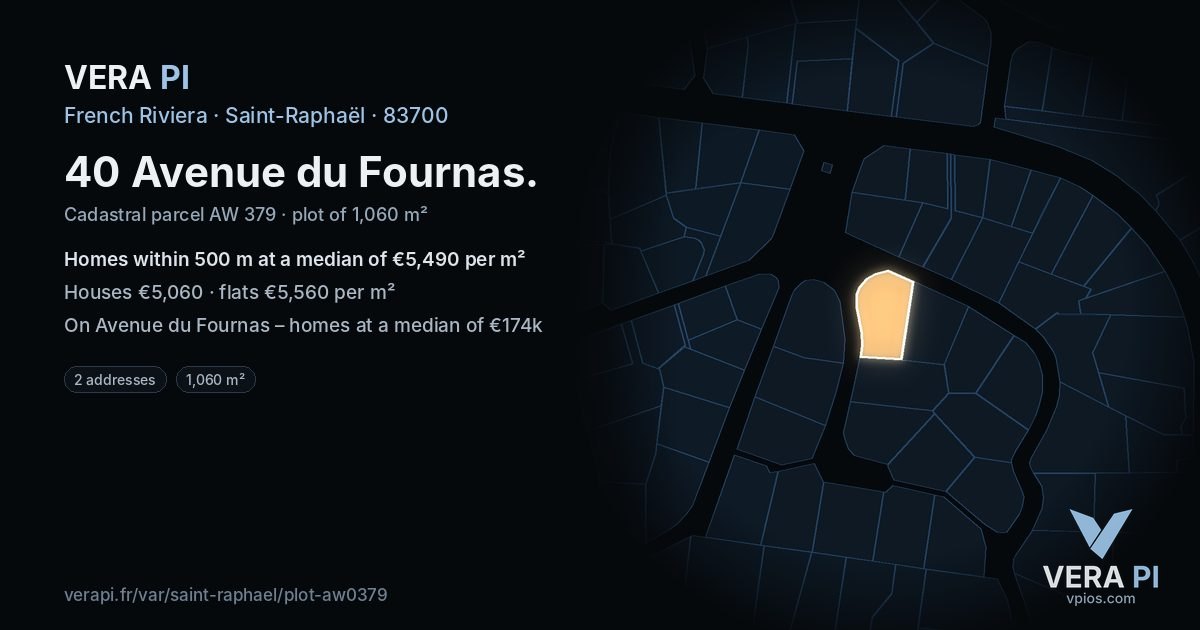40 Avenue du Fournas, Saint-Raphaël at night – the plot lit, the parcels around coloured by the prices near them