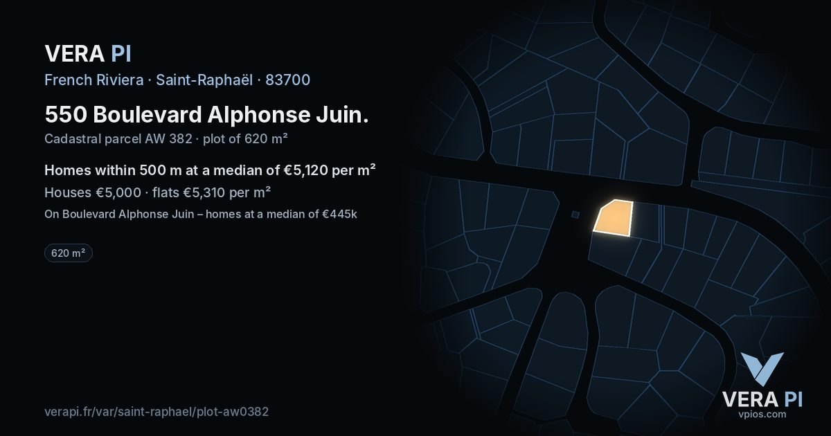550 Boulevard Alphonse Juin, Saint-Raphaël at night – the plot lit, the parcels around coloured by the prices near them