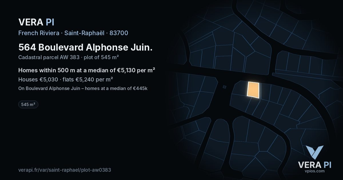 564 Boulevard Alphonse Juin, Saint-Raphaël at night – the plot lit, the parcels around coloured by the prices near them