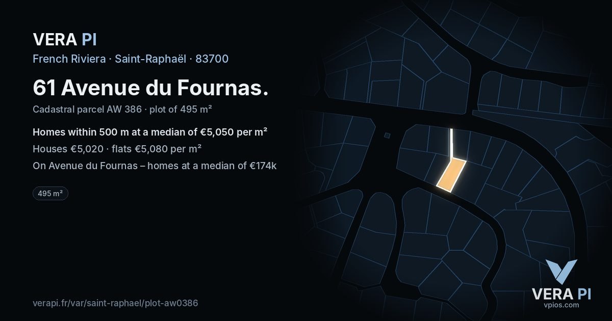 61 Avenue du Fournas, Saint-Raphaël at night – the plot lit, the parcels around coloured by the prices near them