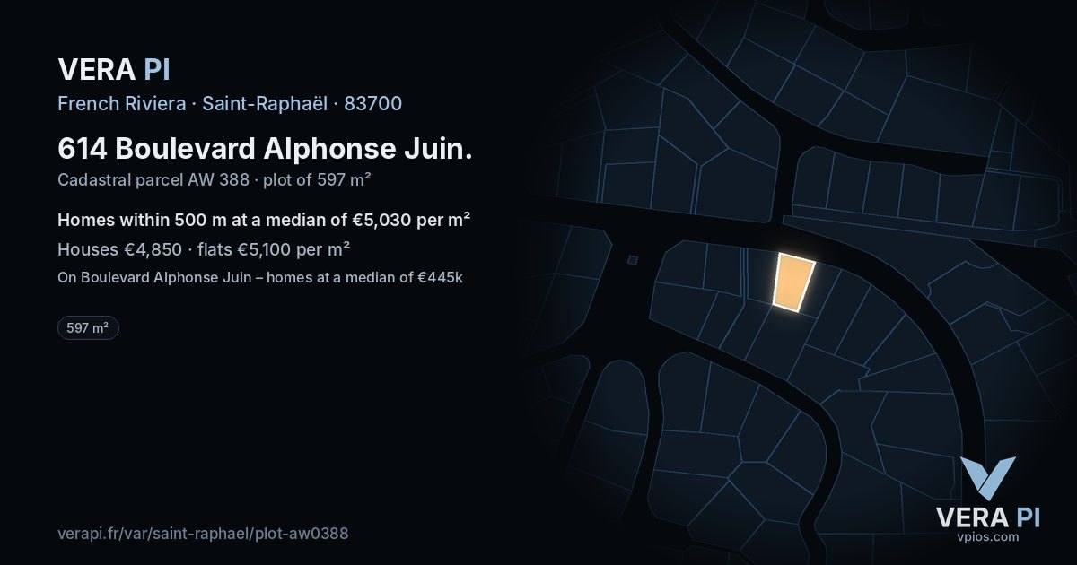 614 Boulevard Alphonse Juin, Saint-Raphaël at night – the plot lit, the parcels around coloured by the prices near them
