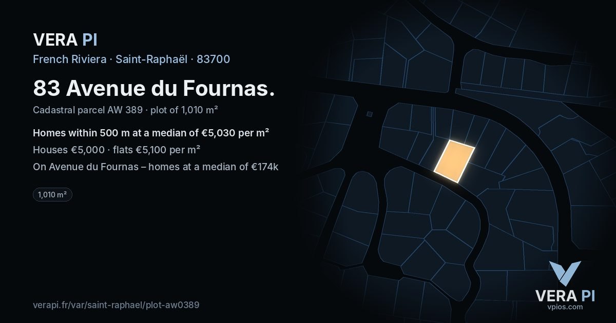 83 Avenue du Fournas, Saint-Raphaël at night – the plot lit, the parcels around coloured by the prices near them