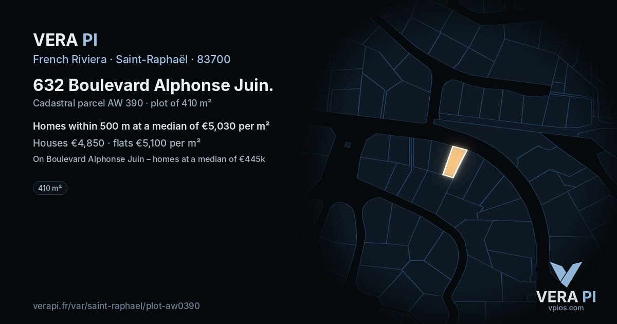 632 Boulevard Alphonse Juin, Saint-Raphaël at night – the plot lit, the parcels around coloured by the prices near them