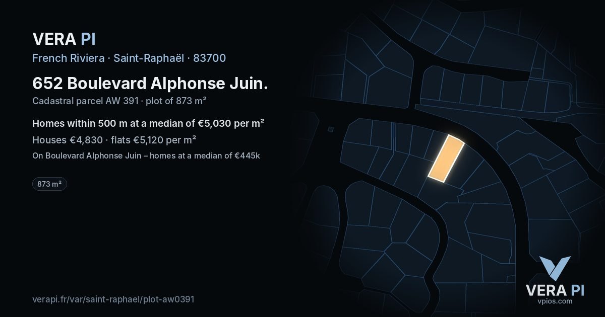 652 Boulevard Alphonse Juin, Saint-Raphaël at night – the plot lit, the parcels around coloured by the prices near them