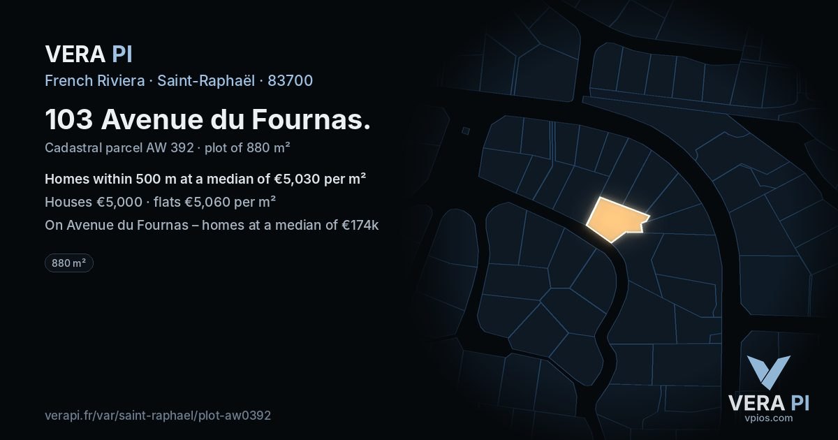 103 Avenue du Fournas, Saint-Raphaël at night – the plot lit, the parcels around coloured by the prices near them
