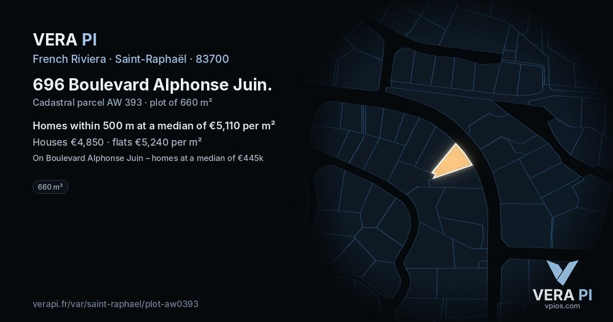 696 Boulevard Alphonse Juin, Saint-Raphaël at night – the plot lit, the parcels around coloured by the prices near them