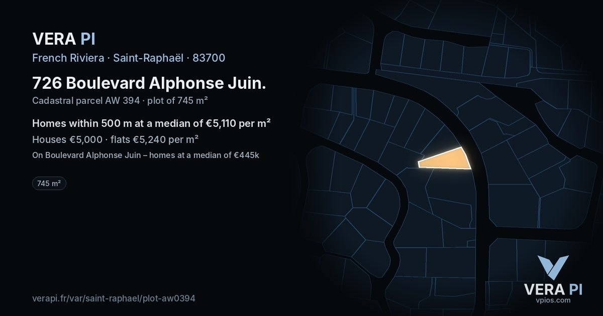 726 Boulevard Alphonse Juin, Saint-Raphaël at night – the plot lit, the parcels around coloured by the prices near them