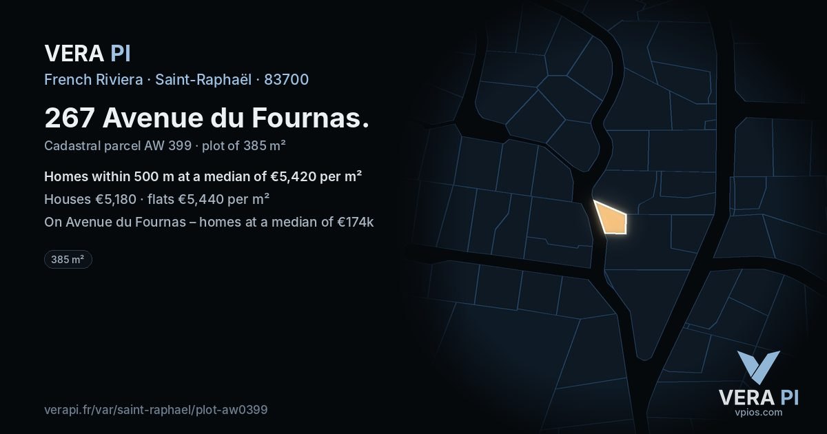 267 Avenue du Fournas, Saint-Raphaël at night – the plot lit, the parcels around coloured by the prices near them