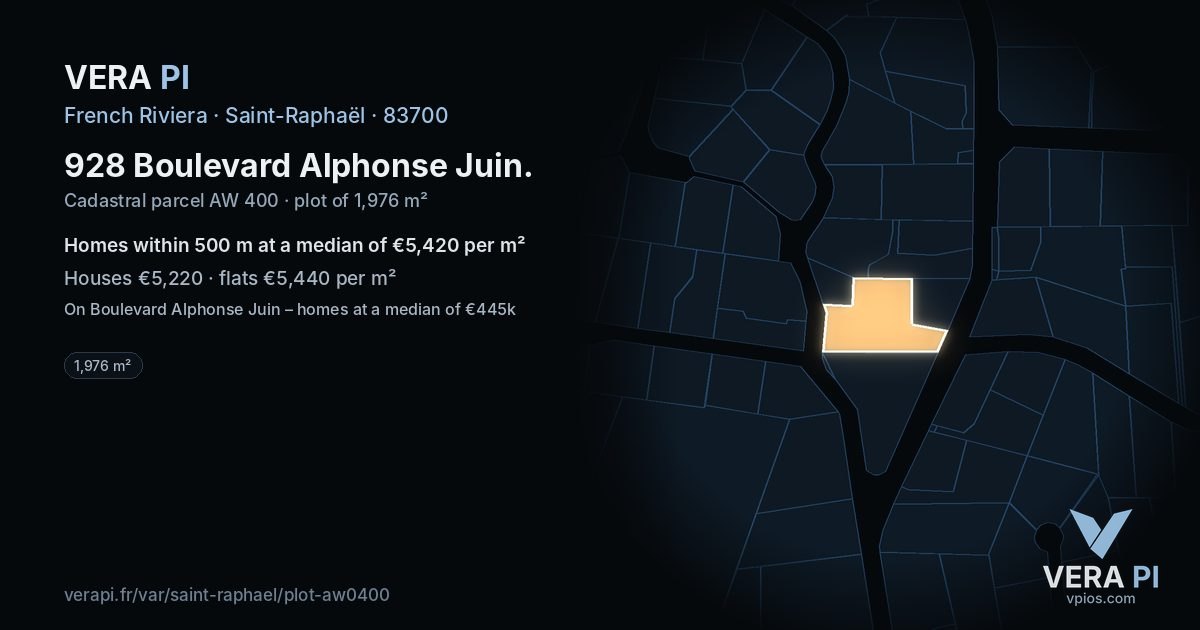 928 Boulevard Alphonse Juin, Saint-Raphaël at night – the plot lit, the parcels around coloured by the prices near them